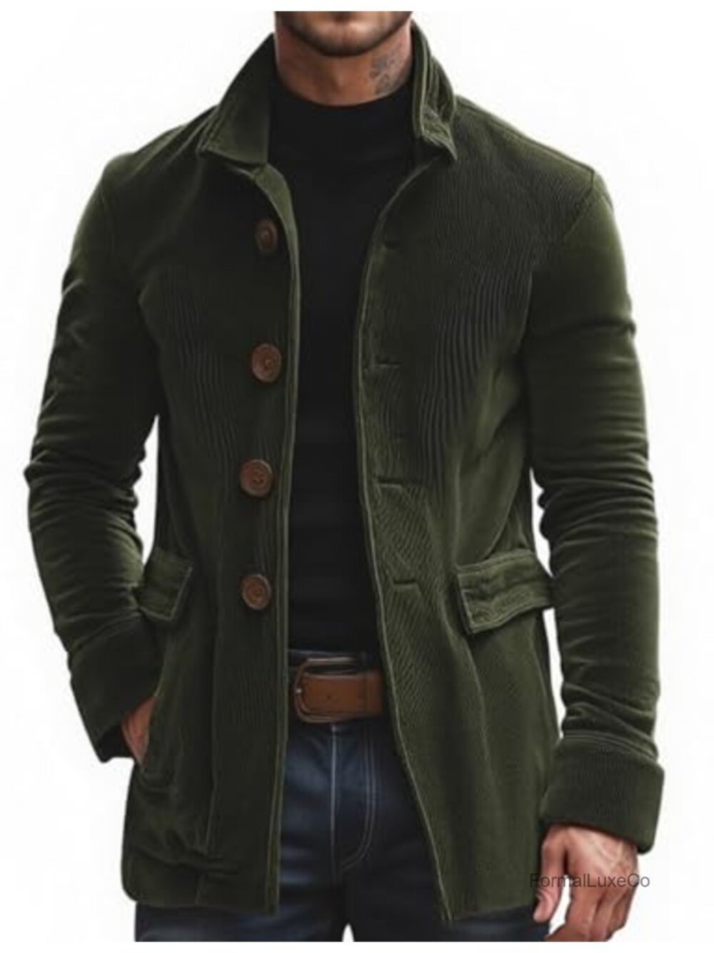 Vintage Corduroy Slim Fit Single Breasted Coat with Stand Collar